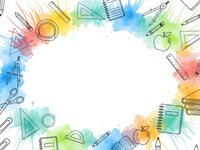 School supplies frame with colorful watercolor splashes and white center space for text, back to school concept with stationery border.