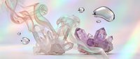 Mystical crystal formations with flowing ribbons and floating bubbles create dreamy pastel composition for spiritual wellness and meditation designs.