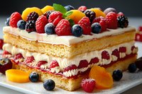 Layered fruit cake with fresh berries, cream filling, and sponge layers topped with raspberries, blueberries, blackberries and orange slices on white plate against dark background.