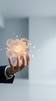 Businessman hand holding glowing shield with handshake icon and gears representing business protection, partnership security and trust in corporate environment.