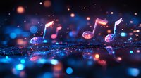 Glowing musical notes floating over reflective surface with magical bokeh lights in blue and pink colors creating dreamy atmospheric composition.