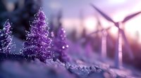 Magical winter landscape with frosted purple trees and wind turbines at sunset, creating ethereal atmosphere with bokeh light effects and soft focus.