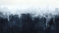 Abstract monochrome painting with dark navy blue and black tones transitioning to misty white, creating a moody atmospheric landscape effect for contemporary interior design.