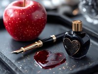 Fresh red apple with heart-shaped wax seal, fountain pen and black ink bottle on dark slate surface for romantic correspondence and love letters.