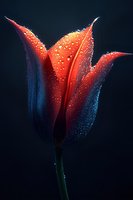 Vibrant red tulip with water droplets on petals against dark background, dramatic lighting creates stunning floral photography for spring designs.