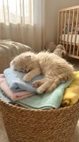 Fluffy cream-colored kitten sleeping peacefully on folded pastel towels in woven basket, nursery room with crib and natural window light, cozy domestic pet scene.