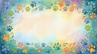 Colorful paw prints and spiral swirls frame a soft gradient background, creating a cheerful border design. Isolated on white space, ready for pet-related projects, greeting cards, and animal-themed marketing materials.