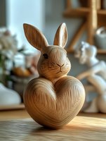 Wooden rabbit figurine with heart-shaped body on table in cozy home interior. Handcrafted Easter decoration for spring holiday celebrations and gifts.
