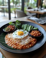 Asian fusion rice bowl with sunny side up egg, spicy shrimp, fresh vegetables and chili sauce served on banana leaf. Restaurant atmosphere with natural lighting.