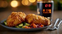 Crispy golden fried chicken pieces served on dark plate with fresh vegetable salad, blurred bokeh lights and digital clock display in background. Cozy dinner setting.