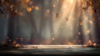 Mystical autumn forest with sunbeams breaking through trees and golden leaves falling on wooden surface in magical light.