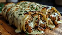 Grilled chicken wraps with creamy herb sauce and caramelized onions on wooden cutting board, ready to serve for lunch or dinner meal preparation.