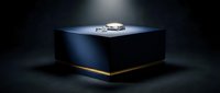 Luxury dark blue gift box with golden ribbon and elegant bow on black background with dramatic lighting for premium product presentation and special occasions.
