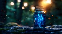 Glowing blue luminescent particles trapped in glass mason jar against dark forest background with magical bokeh lights and sparkles at night.