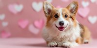 Happy Welsh Corgi dog lying on pink background with heart bokeh pattern, perfect for Valentine's Day or love-themed pet content.