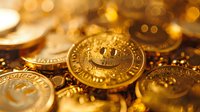Golden cryptocurrency coins with smiling face symbol in soft focus against blurred bokeh background, representing digital currency and financial technology.