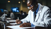 African American male medical professional in white coat writing notes at desk, focused on documentation in modern healthcare setting with blurred background lighting.