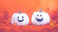 White smiling pumpkins surrounded by autumn leaves on orange background, seasonal halloween decoration in cute cartoon style for greeting cards and festive designs.