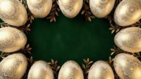 Golden ornate Easter eggs arranged in circular frame on emerald green background with decorative flourishes for holiday greeting cards and seasonal designs.