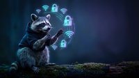Raccoon interacting with glowing cybersecurity icons including padlocks and wifi symbols in dark digital environment for technology and data protection concepts.