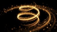 Golden light trails swirling in elegant spiral motion with sparkling particles on black background for luxury design projects and magical effects.
