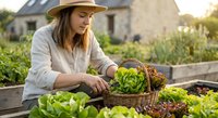 Young woman harvesting fresh lettuce and vegetables from raised garden beds in backyard organic farm setting with wicker basket for healthy eating.