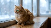 Fluffy ginger cat sitting on windowsill watching falling snow outside during winter, domestic pet looking at snowy weather through glass window.