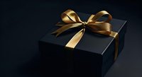 Black gift box with golden ribbon bow on dark background, suitable for luxury product packaging and holiday promotional designs.