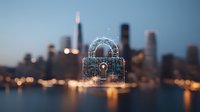 Digital padlock hologram over blurred city skyline at dusk, representing cybersecurity and data protection in urban environment. Modern technology concept.