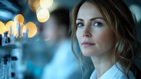 Young woman with wavy brown hair gazes thoughtfully into distance against blurred blue background with golden bokeh lights, creating atmospheric mood.