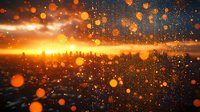 Dramatic sunset cityscape silhouette with glowing orange bokeh particles and light streaks creating magical atmospheric effect against dark sky background.
