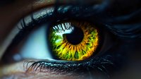 Extreme macro shot of human eye with vibrant yellow and green iris pattern, detailed eyelashes and reflections showing intricate natural textures and patterns.