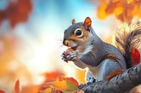 Adorable gray squirrel eating nut on tree branch surrounded by vibrant autumn maple leaves against blurred fall background with warm sunset colors.