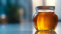 Golden honey jar with water drops on glass surface against blurred background, natural sweetener glowing in soft light. Organic food concept.