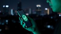 Unrecognizable person holding smartphone with glowing green security lock icon, night cityscape blurred in background, cybersecurity and digital protection concept for technology and mobile safety.