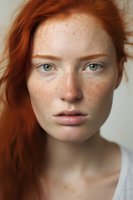 Close up portrait of young woman with natural red hair, green eyes and freckles against light background, minimal makeup look for beauty and skincare advertising.