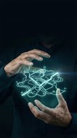 Two male hands holding glowing neon circuit pathways and network connections against dark background. Represents technology, innovation, digital transformation, and business solutions for web design and marketing.
