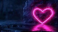 Glowing pink neon heart shape illuminates dark rocky surface with reflection in water, creating romantic atmospheric night scene with modern cyberpunk aesthetic.