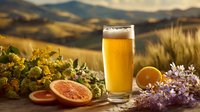 Refreshing glass of cold beer with citrus fruits and wildflowers against scenic mountain landscape at golden hour.