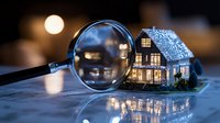 Miniature glowing house model viewed through magnifying glass with bokeh lights background, real estate inspection and property evaluation concept.