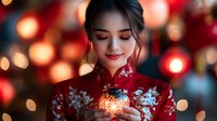 Young Asian woman in traditional red dress holding sparkler with warm bokeh lights creating festive atmosphere for celebrations and holidays.