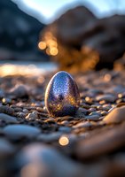 Metallic blue egg on pebble beach at sunset with golden bokeh lights creating magical atmosphere. Natural stones and warm evening glow create dreamy background.