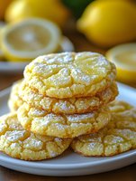 Fresh lemon crinkle cookies dusted with powdered sugar stacked on white plate, with whole lemons in soft focus background, bright yellow citrus dessert.