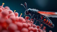 Macro shot of red-banded sand wasp on pink flower, showing detailed insect anatomy with black and orange coloring against blurred floral background.
