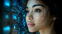 Young Asian woman illuminated by blue digital projection mapping on face with data visualization elements and glowing dots representing artificial intelligence.