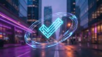 Futuristic holographic checkmark symbol glowing in neon colors floating above modern city street at night with purple and blue lighting effects.