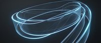 Glowing neon blue light trails swirling in dynamic motion against dark background, creating abstract flowing curves for modern design and technology concepts.