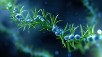 Fresh juniper branch with blue berries against dark background with bokeh lights, aromatic herbs and spices for culinary and cocktail decoration.