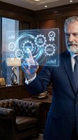Senior executive interacting with holographic ISO compliance interface displaying quality management systems in luxury office environment.