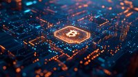 Glowing cryptocurrency symbol on futuristic circuit board with orange and blue light effects, digital finance concept representing blockchain technology.